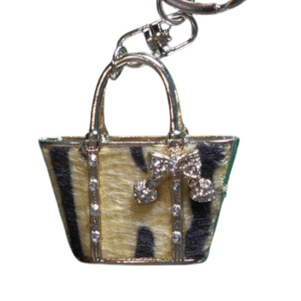 Mini Handbag Keychain Charm Tiger Print Gold Rhinestone Bow Purse NWT